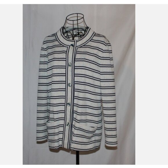 Vintage Blazer Ribbed Polyester Jacket Sz L White Blue Stripes Button Front - Picture 1 of 6